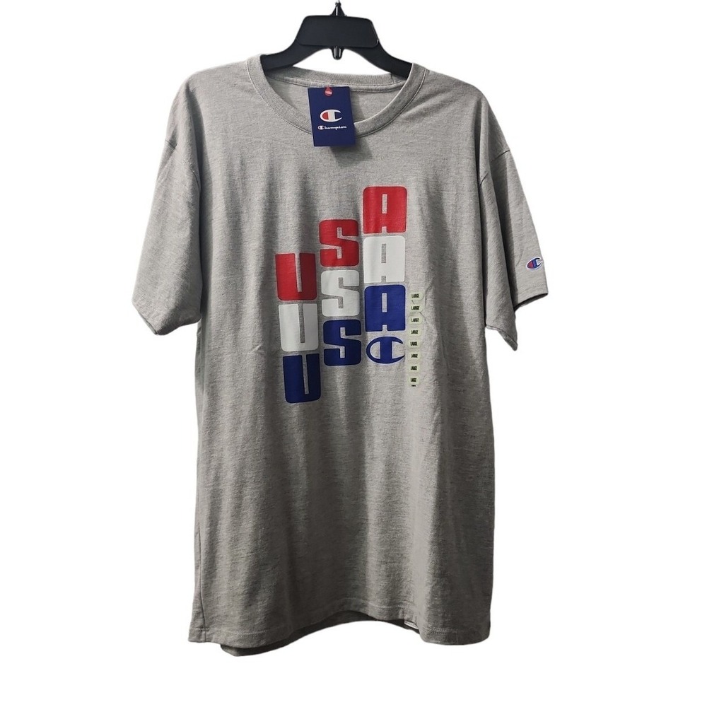 Champion USA Graphic T-Shirt Patriotic Logo Tee Crew Neck Gray Mens